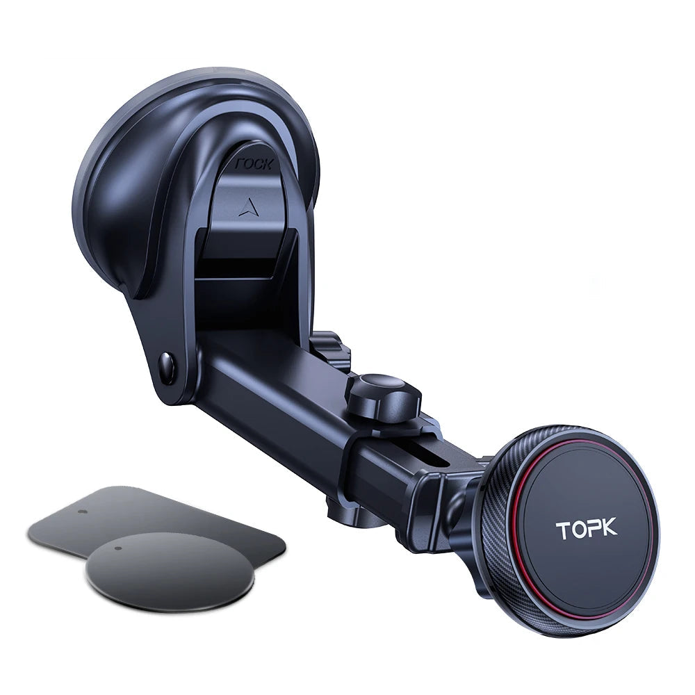 Car phone holder with suction cup and magnetic disc on a white background