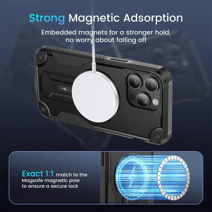 Heavy Duty MagSafe Case with Kickstand for iPhone 16, 15, 14, 13, 12, 11 Pro Max – Shockproof Dual Layer Magnetic Ring Holder Cover