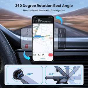 Car dashboard with phone displaying navigation app, emphasizing 360-degree rotation feature.