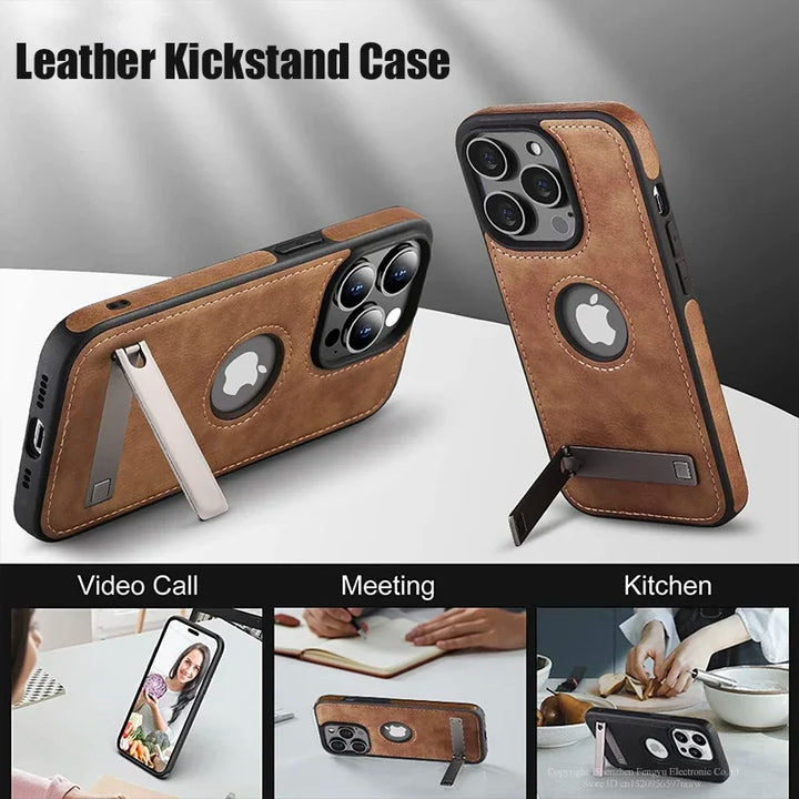 Leather Kickstand Case for iPhone 11/12/13/14/15 Pro Max Plus