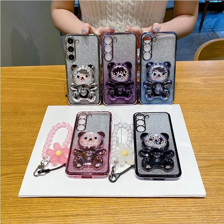Flower Strap Bear Phone Holder Case for Samsung S23 S24 S21 S22 S20 Ultra Note 10 20
