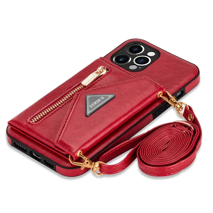 Zipper wallet crossbody phone case with card holder and detachable lanyard for iPhone models.