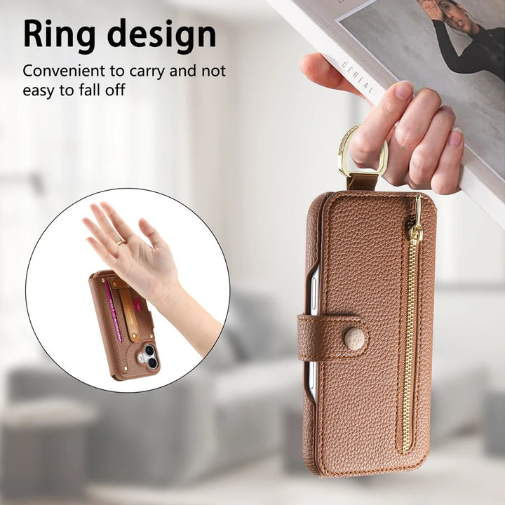 Litchi pattern flip leather phone case with a wrist strap, card holder, and wallet design for iPhone 16, 15, and 14 Pro Max.