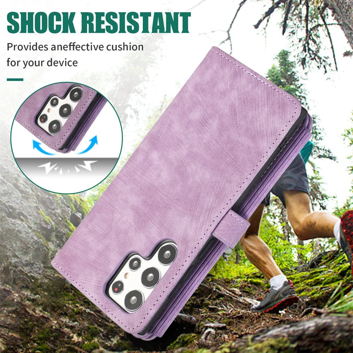Crossbody wallet case for Samsung Galaxy with card holder, lanyard, and kickstand for hands-free use.