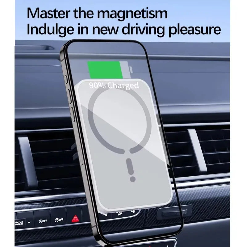 Phone with wireless charging pad on a car dashboard, text 'Master the magnetism Indulge in new driving pleasure'.