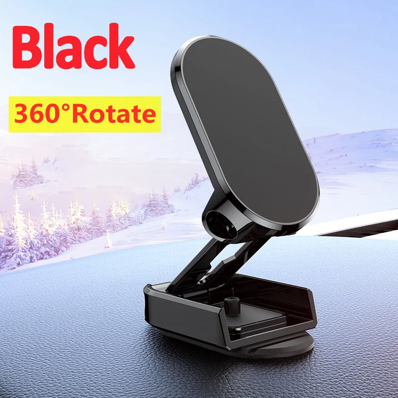 Black 360-degree rotate phone holder on a car dashboard with snowy landscape in the background