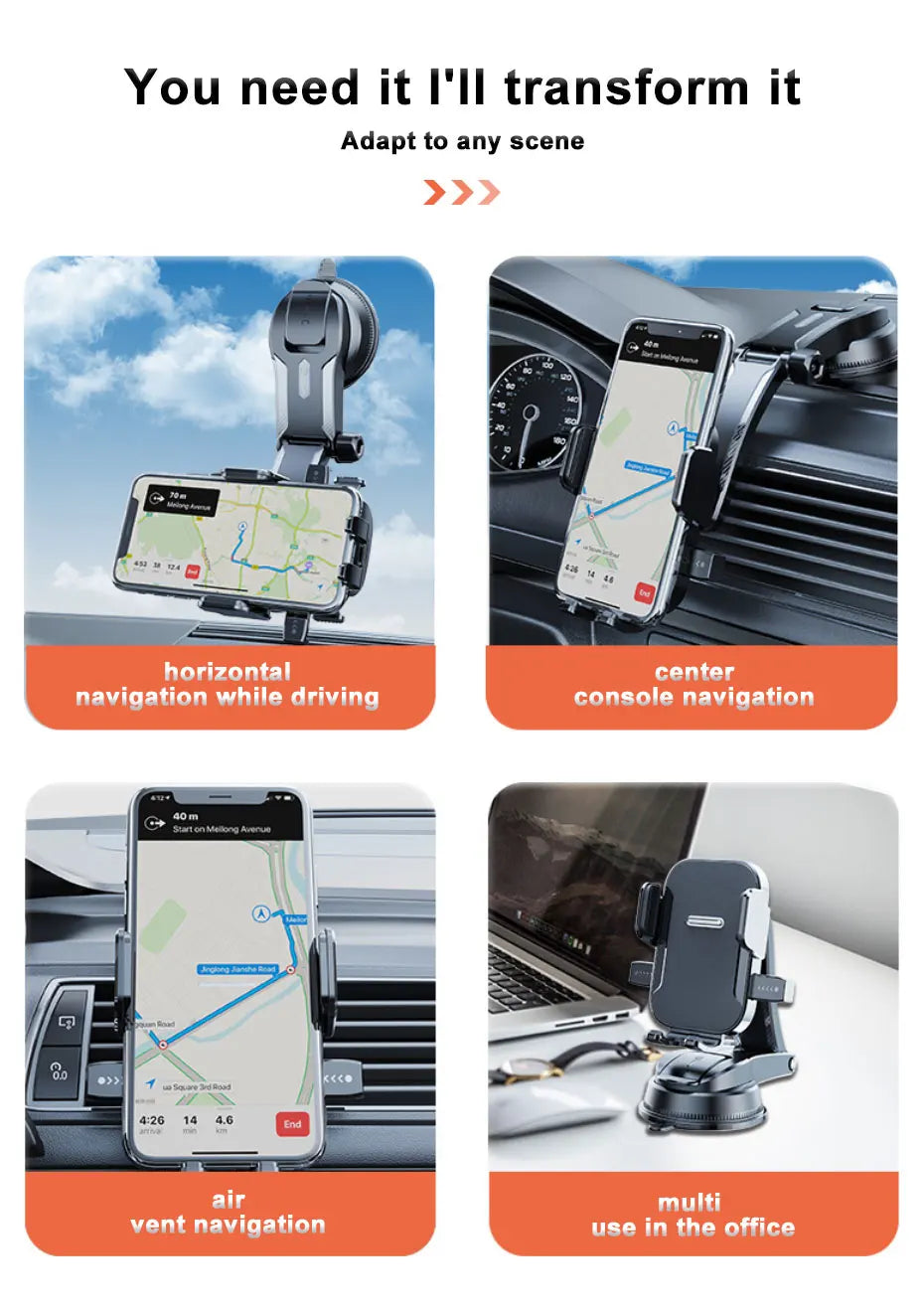 Phone mount adapter with various usage scenarios on a white background