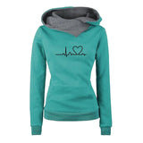 Teal hoodie with a heart and line design on a white background