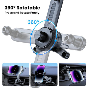360-degree rotatable car phone holder with smartphone usage examples on a white background