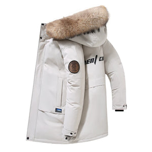 White winter jacket with fur hood on a white background