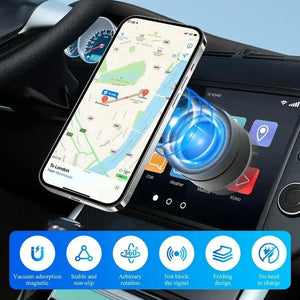 Phone mount in car with smartphone displaying navigation app, showing features like vacuum absorption and stable non-slip.
