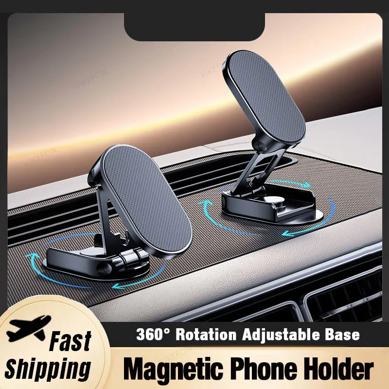Magnetic phone holder with 360-degree rotation on a car dashboard.