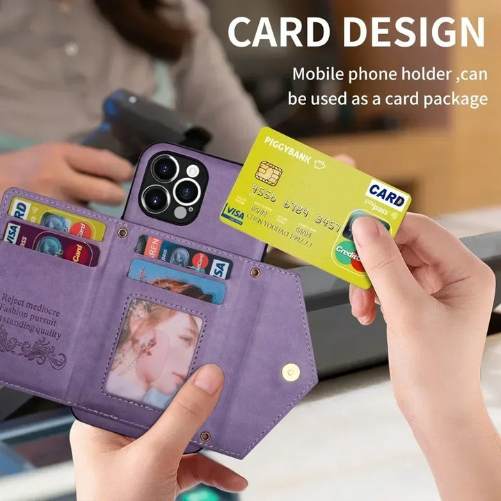 Zipper wallet crossbody phone case with card holder and detachable lanyard for iPhone models.