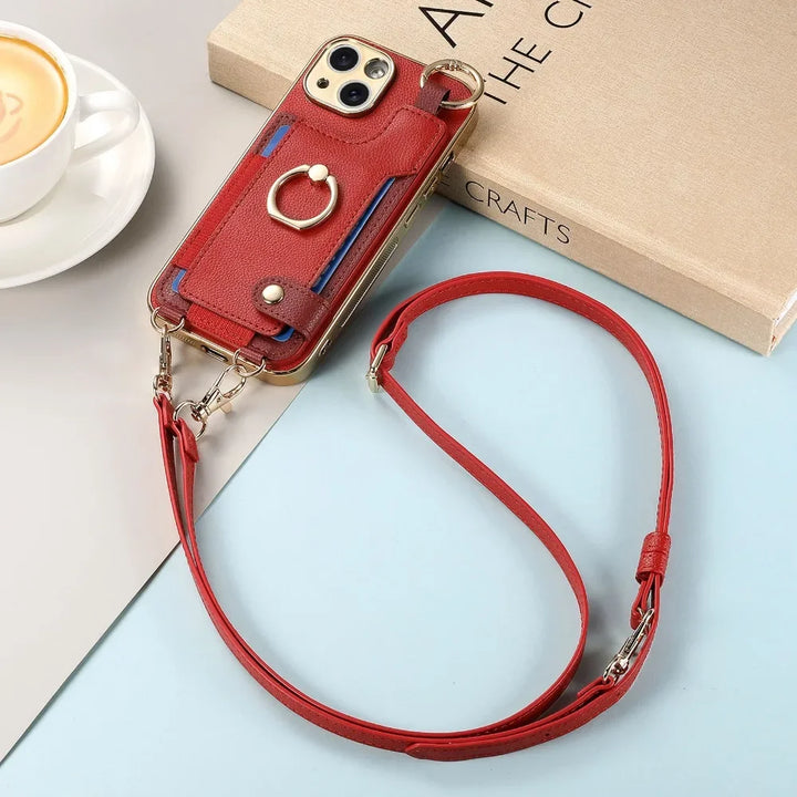 iPhone 15/14 Plus/13/12/11 Pro Max Plating Phone Case with Wrist Strap and Long Lanyard, Short Hand Rope PU Leather Cover
