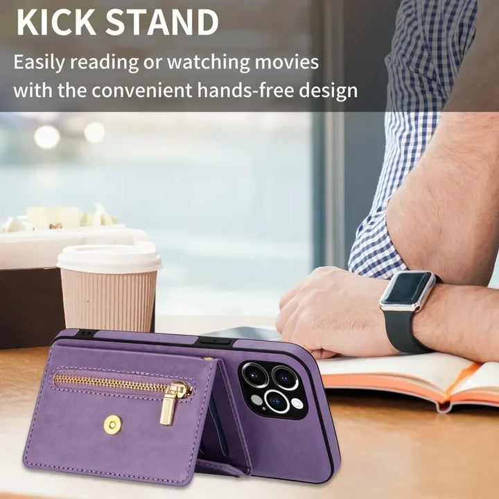 Zipper wallet crossbody phone case with card holder and detachable lanyard for iPhone models.