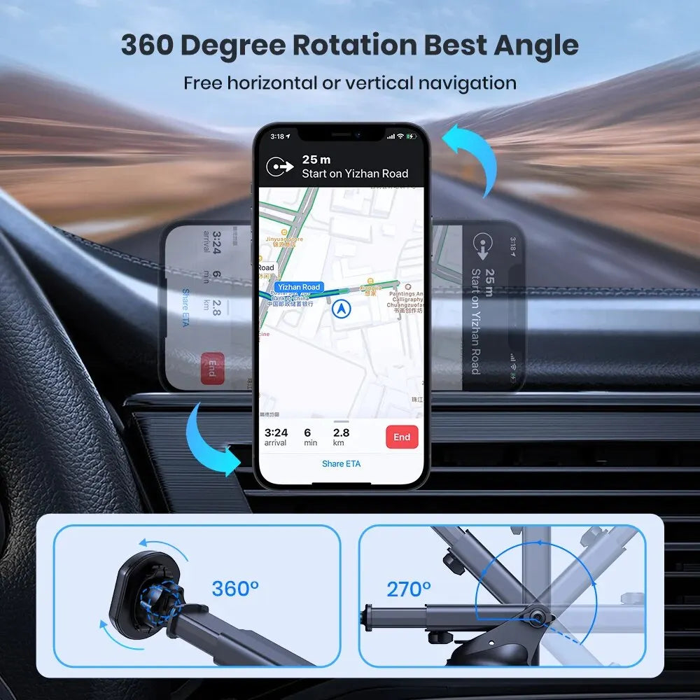 Phone mount with 360-degree rotation feature displayed in a car interior.