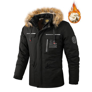 Black winter jacket with fur hood and visible brand logo on a white background