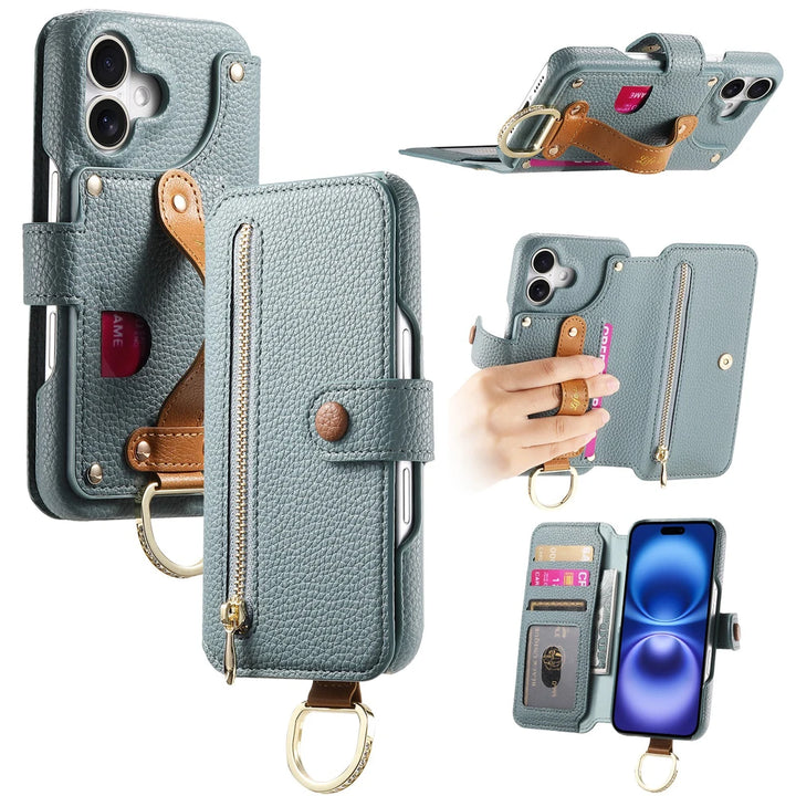 Litchi pattern flip leather phone case with a wrist strap, card holder, and wallet design for iPhone 16, 15, and 14 Pro Max.