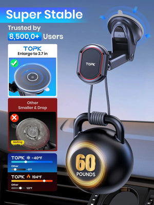 Car phone holder with suction cup and weight capacity display, branded as TOPK.