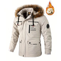 White winter jacket with fur hood on a white background.
