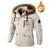 White winter jacket with fur hood on a white background.