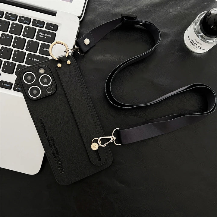 Luxury Litchi Leather Wrist Strap Crossbody Phone Case for iPhone 15 14 Pro Max in Retro Vintage Design
