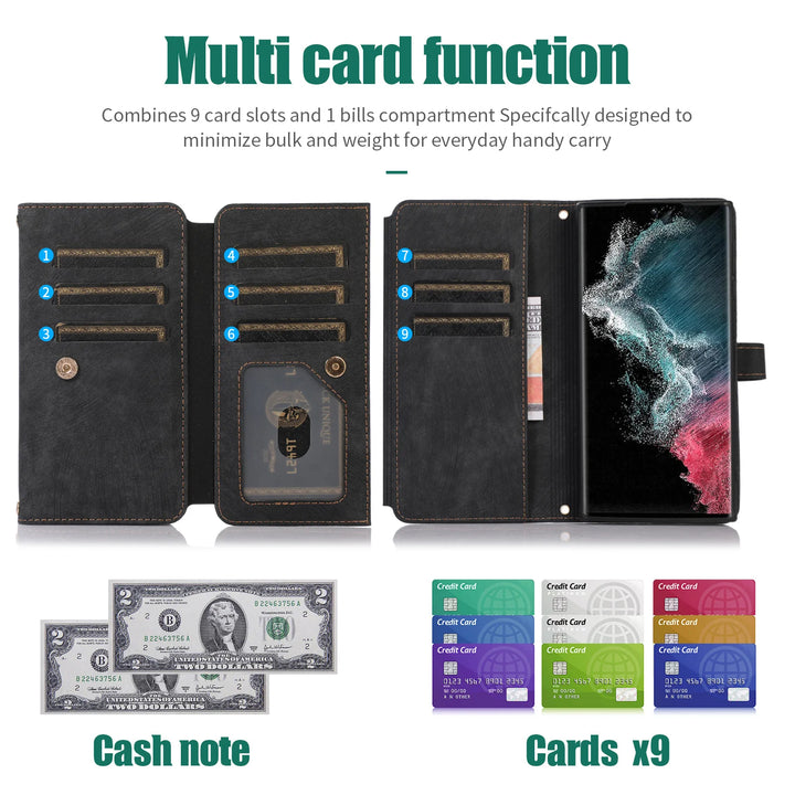 Crossbody wallet case for Samsung Galaxy with card holder, lanyard, and kickstand for hands-free use.