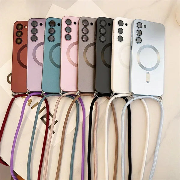 Magsafe crossbody case for Samsung Galaxy S22-S25, lanyard, multiple colors.