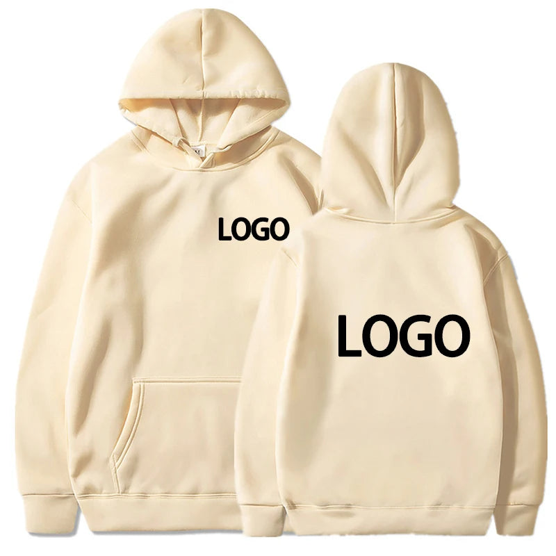 Beige hoodie with 'LOGO' text on front and back on a white background