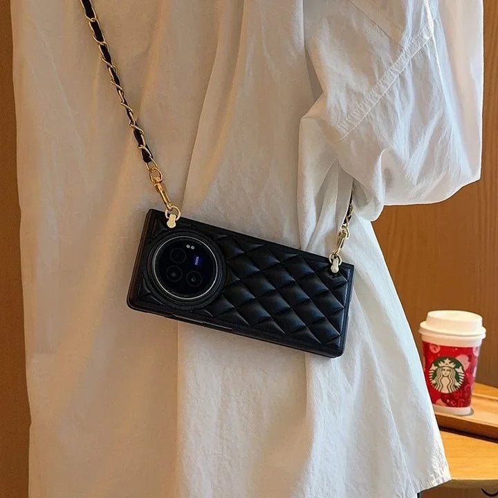 Honor Magic V3 V2 Case with Lanyard Rhombus Leather Anti-Drop Fall Prevention Cover