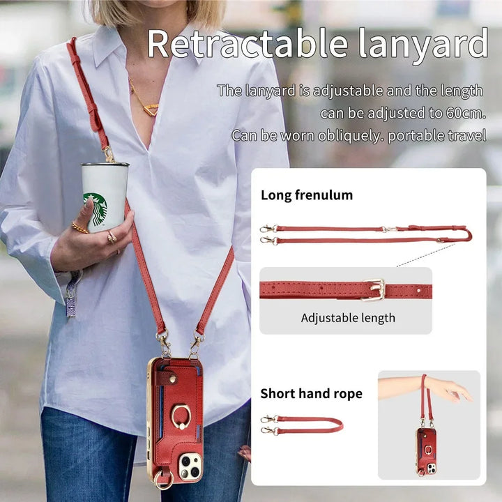 iPhone 15/14 Plus/13/12/11 Pro Max Plating Phone Case with Wrist Strap and Long Lanyard, Short Hand Rope PU Leather Cover