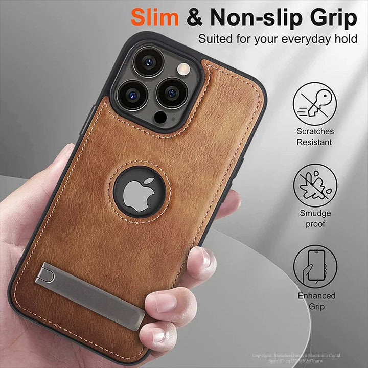 Leather Kickstand Case for iPhone 11/12/13/14/15 Pro Max Plus