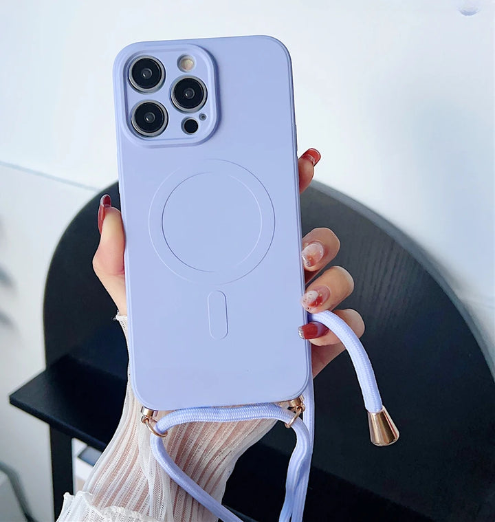 Liquid Silicone Crossbody iPhone Case with Lanyard – MagSafe Compatible Lightweight Shockproof Cover for iPhone 11–16 Pro Max