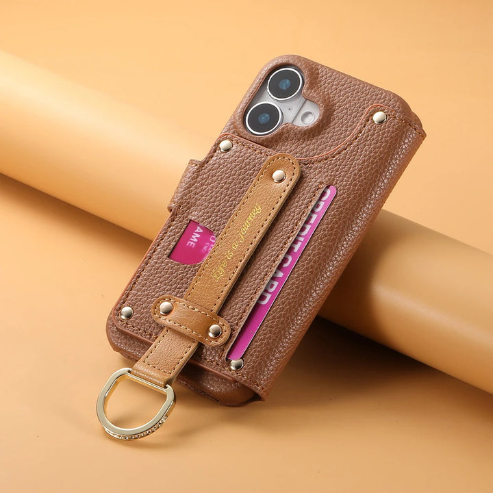 Litchi pattern flip leather phone case with a wrist strap, card holder, and wallet design for iPhone 16, 15, and 14 Pro Max.