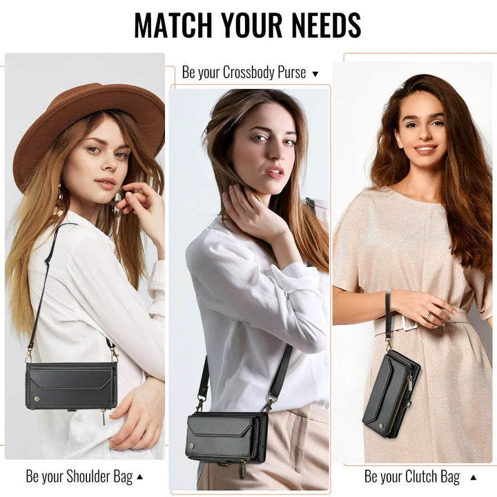 Leather Wallet Phone Case for iPhone 16 Pro Max – Zipper Card Holder with Detachable Magnetic Flip Cover and Strap