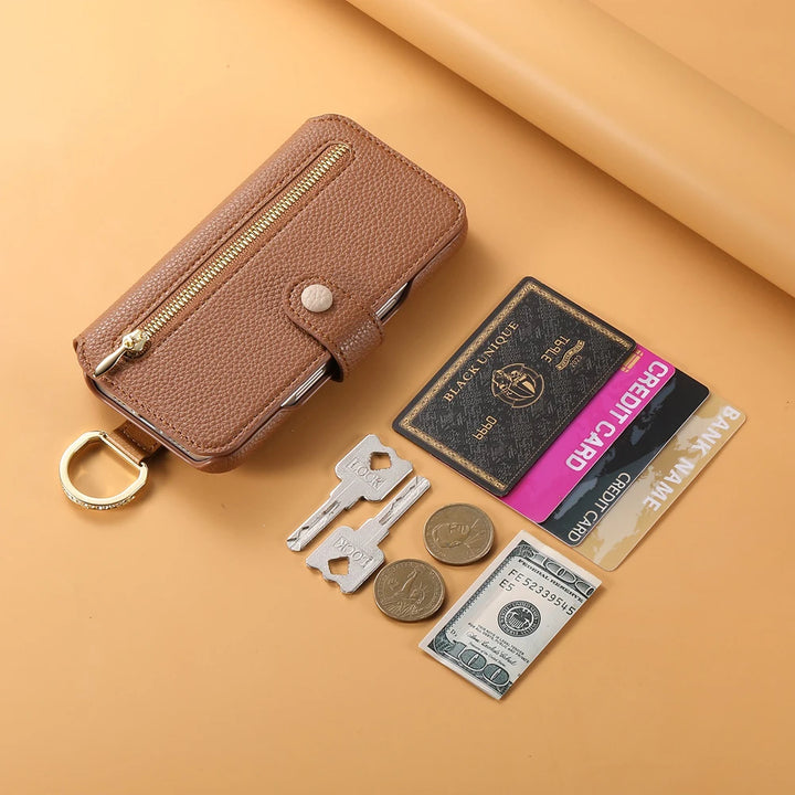 Litchi pattern flip leather phone case with a wrist strap, card holder, and wallet design for iPhone 16, 15, and 14 Pro Max.