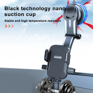 Phone holder with black technology nano suction cup on a car window background