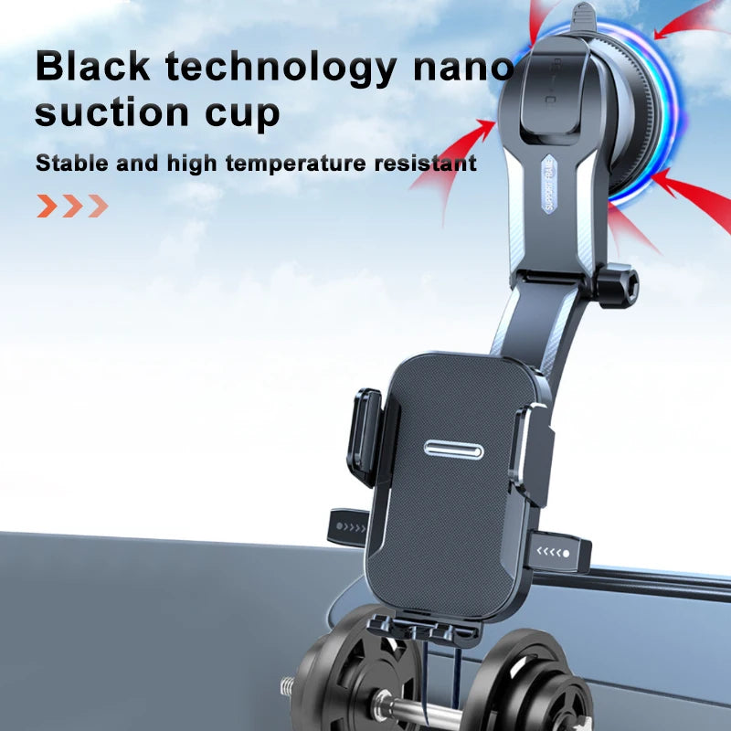 Phone holder with black technology nano suction cup on a car window background