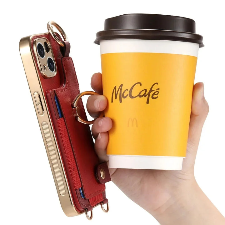 iPhone 15/14 Plus/13/12/11 Pro Max Plating Phone Case with Wrist Strap and Long Lanyard, Short Hand Rope PU Leather Cover