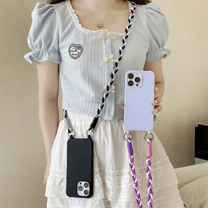 Candy color silicone phone case with a crossbody lanyard strap for iPhone