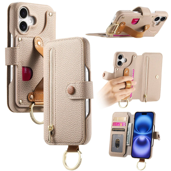 Litchi pattern flip leather phone case with a wrist strap, card holder, and wallet design for iPhone 16, 15, and 14 Pro Max.