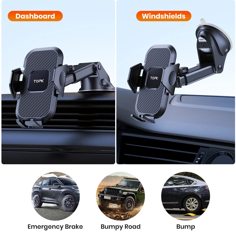 Two car phone holders, one for dashboard and one for windshields, with images of vehicles on a light blue background.