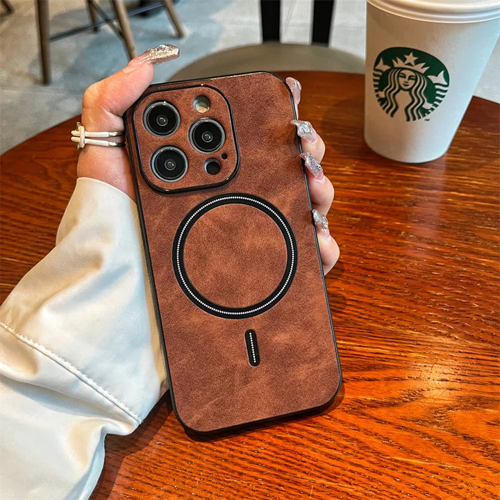 Luxury Matte Leather MagSafe Case for iPhone 16 Pro Max, Shockproof & Wireless Charging Compatible