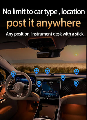 Car interior with a navigation device and steering wheel, featuring text about location and car type flexibility.