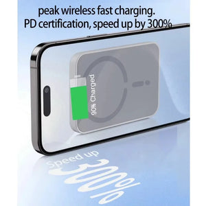 Wireless charging pad with text indicating peak wireless fast charging and PD certification on a blue background.