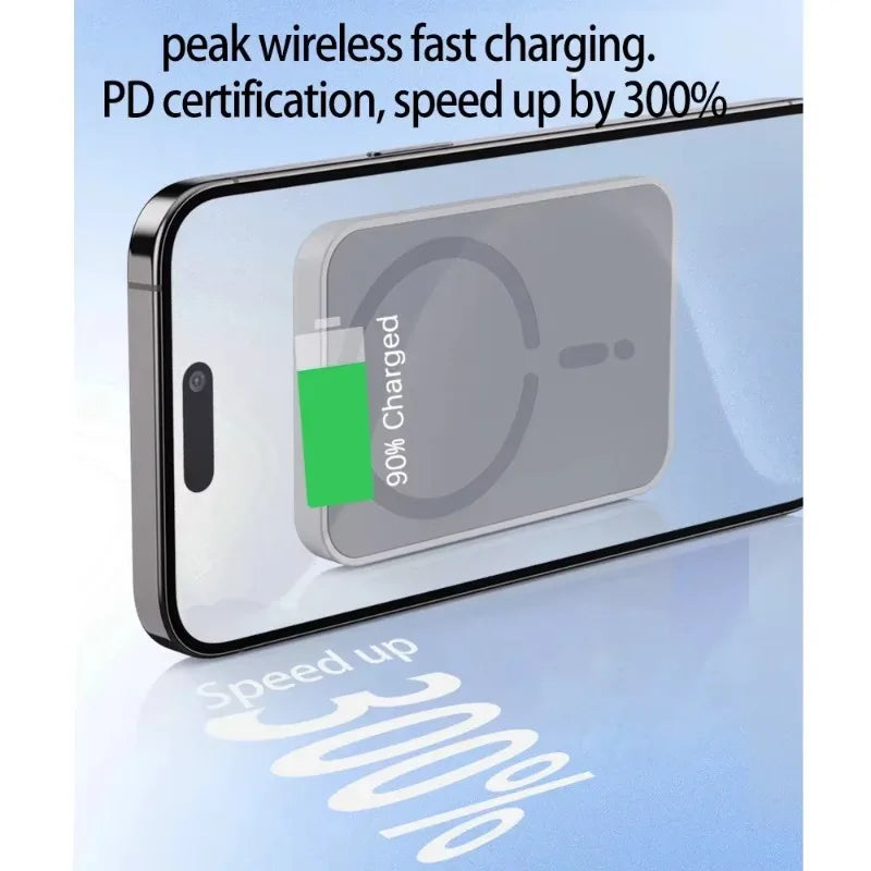 Wireless charging pad with text indicating peak wireless fast charging and PD certification on a blue background.