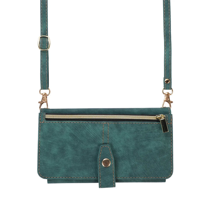 Crossbody wallet case for Samsung Galaxy with card holder, lanyard, and kickstand for hands-free use.