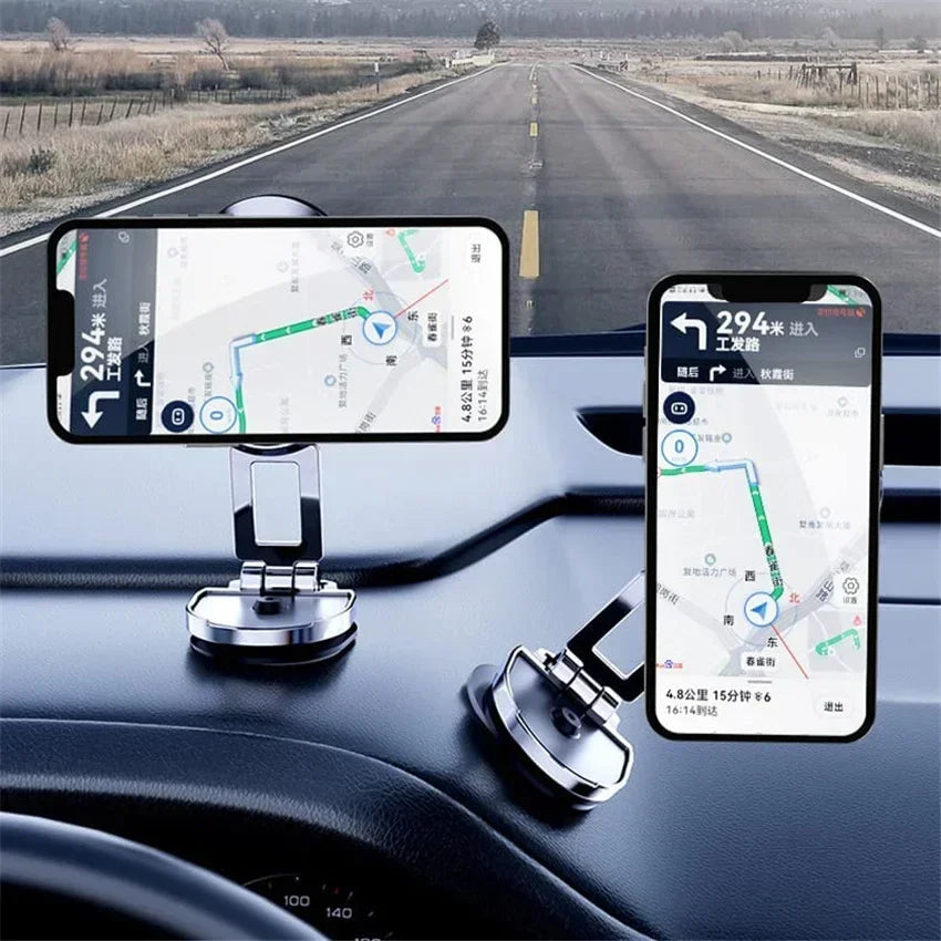 Two smartphone holders on a car dashboard with GPS navigation displayed.