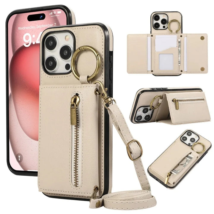 Crossbody Leather Wallet Phone Case with Zipper and Card Holder for iPhone 16/15/14/13/12/11 Pro Max