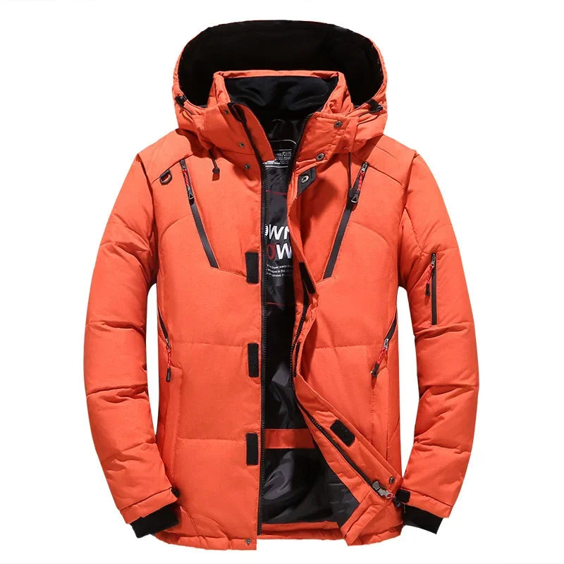 Orange winter jacket with black interior on a white background